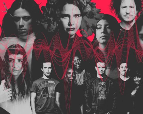 Sofia Kourtesis, Novalima y otros artistas peruanos con nueva música en un collage con fondo rojo