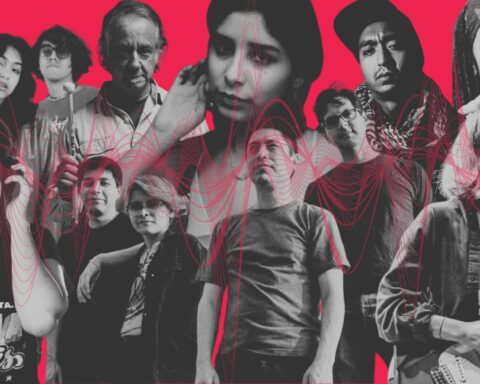 Satélite Menor, Santa Madero y otros artistas peruanos con nueva música en un collage con fondo rojo