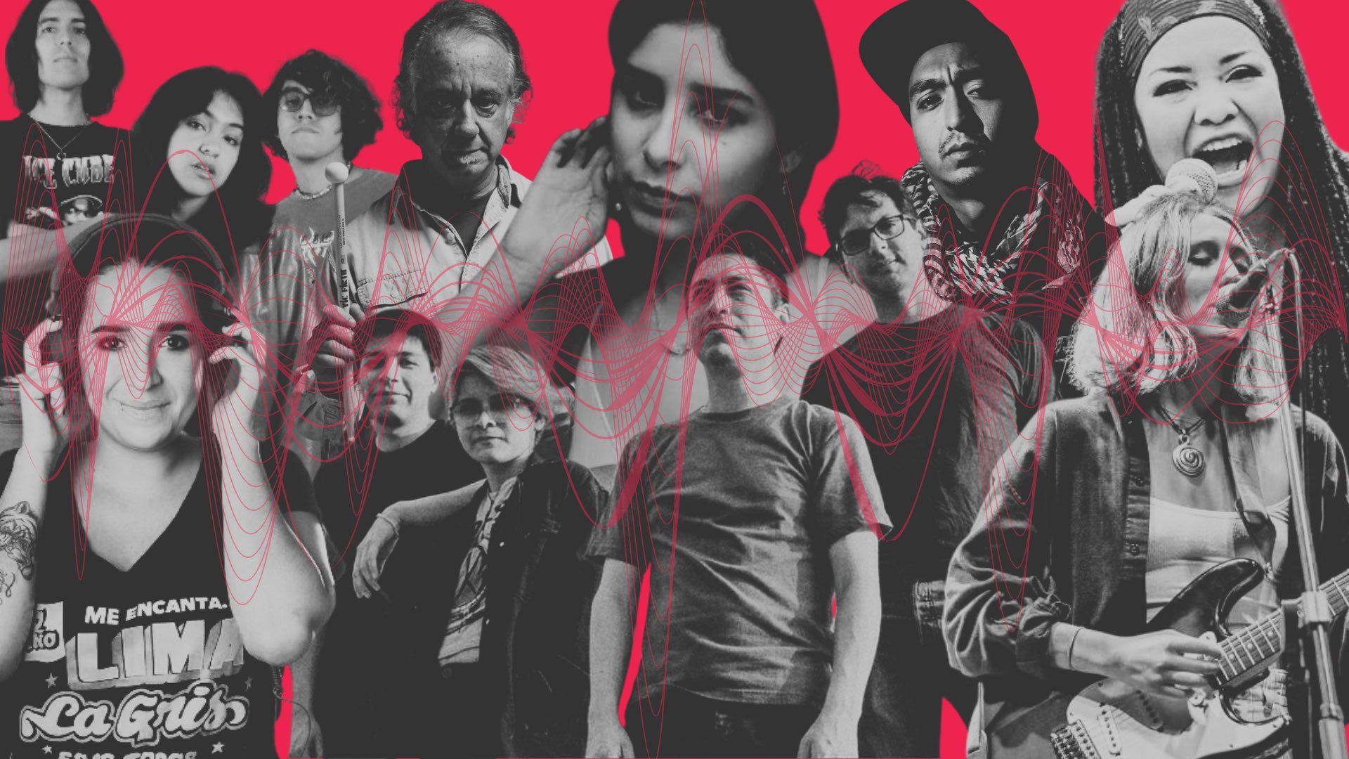 Satélite Menor, Santa Madero y otros artistas peruanos con nueva música en un collage con fondo rojo