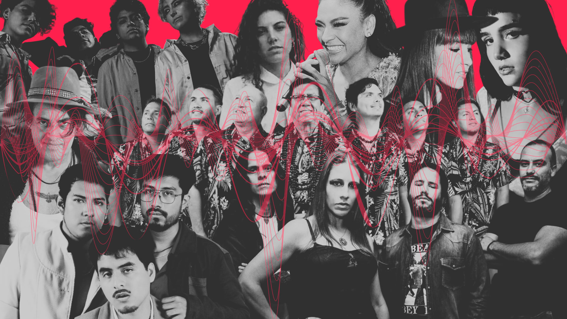 Los Mirlos, Lorena Blume y otros artistas peruanos con nueva música en un collage con fondo rojo