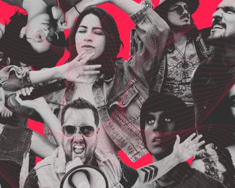 Adrian Bello, Nicole Favre y otros artistas peruanos con nueva música en un collage con fondo rojo