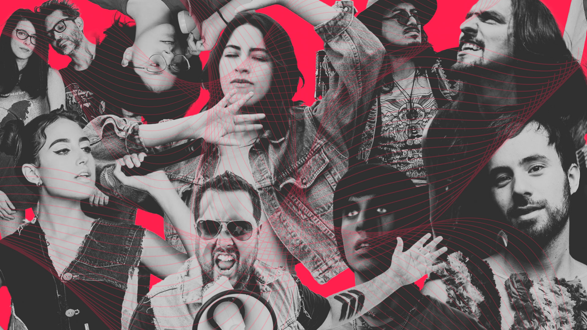 Adrian Bello, Nicole Favre y otros artistas peruanos con nueva música en un collage con fondo rojo