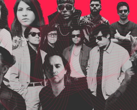 Plutonio de Alto Grado, Aura Blum, Rafaell Cocoa y otros artistas peruanos con nueva música en un collage con fondo rojo
