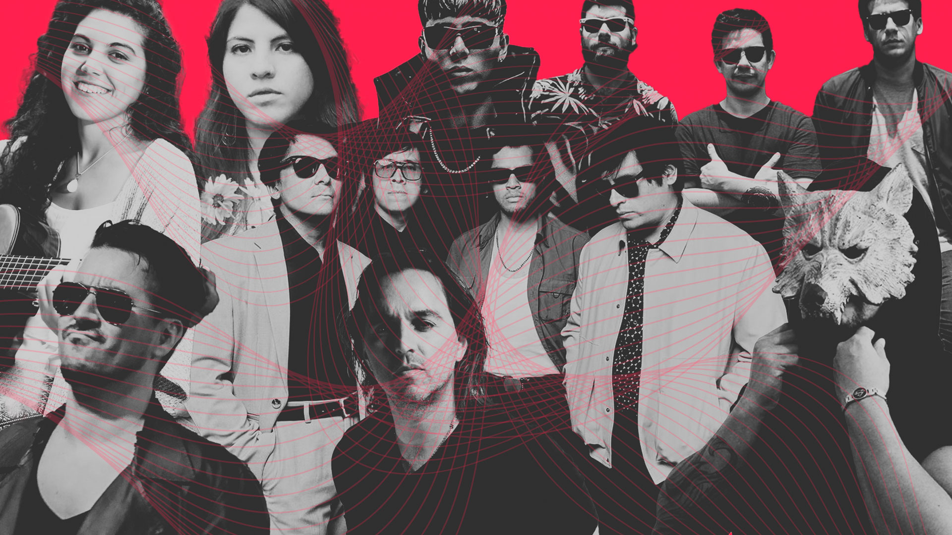 Plutonio de Alto Grado, Aura Blum, Rafaell Cocoa y otros artistas peruanos con nueva música en un collage con fondo rojo
