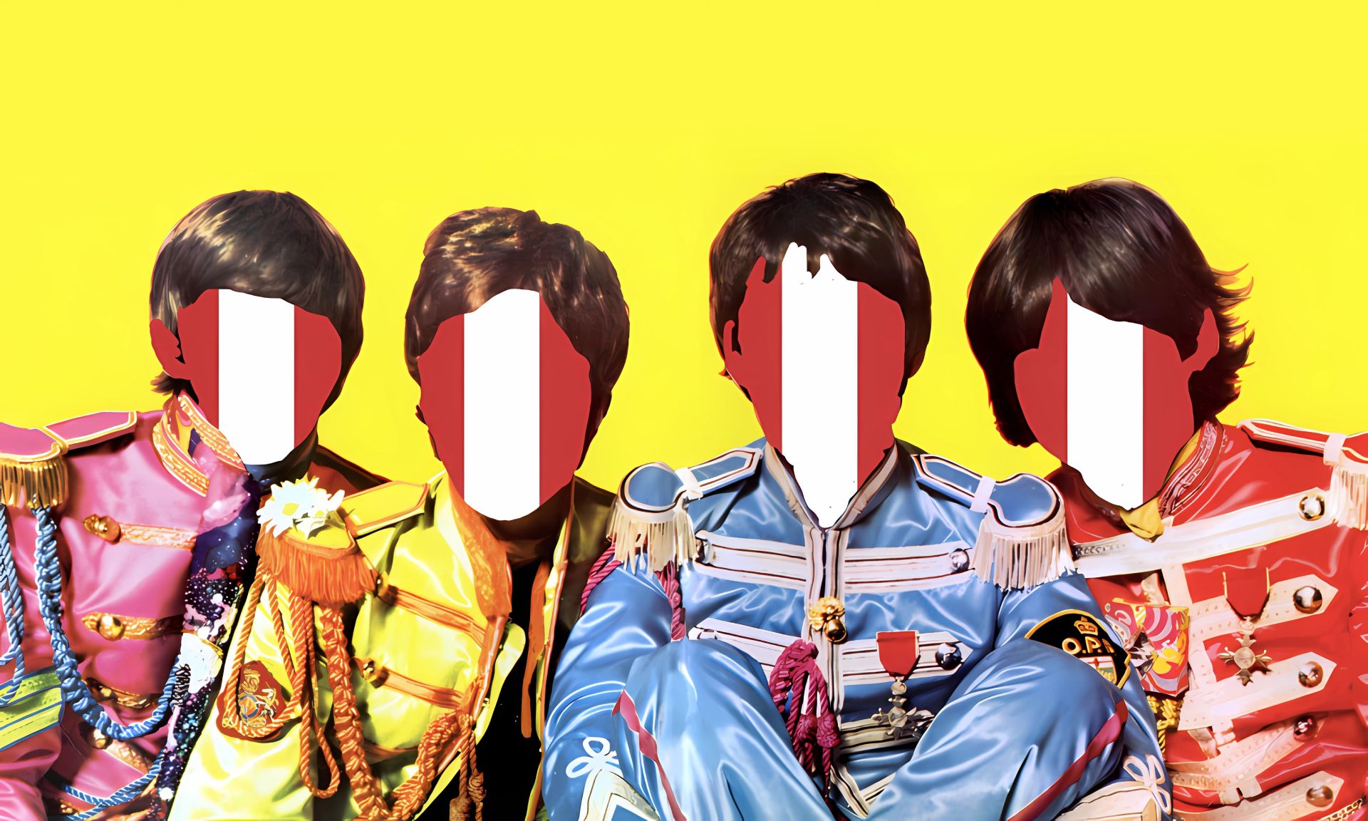 The Beatles vestidos con el atuendo de Sgt.Pepper's y con los rostros de la bandera peruana