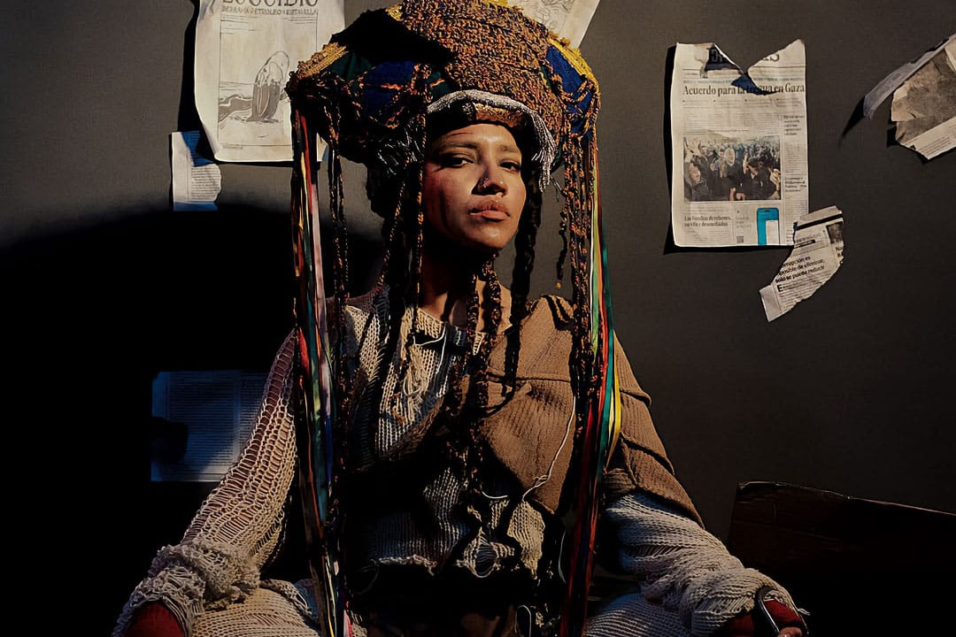 Renata Flores en vestuario de danzante de tijeras