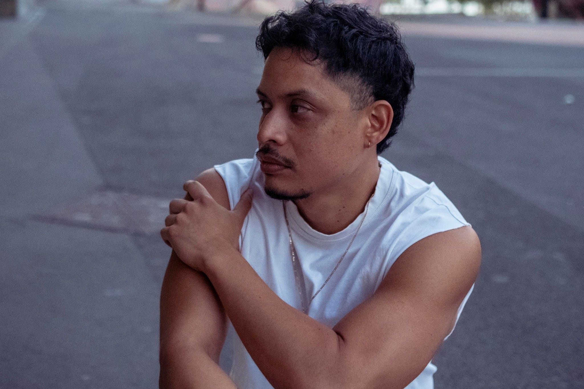 Dandre de perfil, sentado en medio de la calle