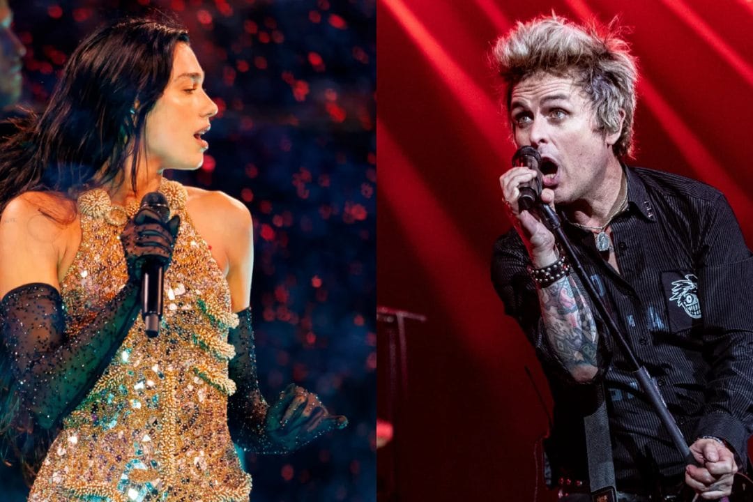 Dua Lipa y Billie Joe Armstrong cantando sobre el escenario