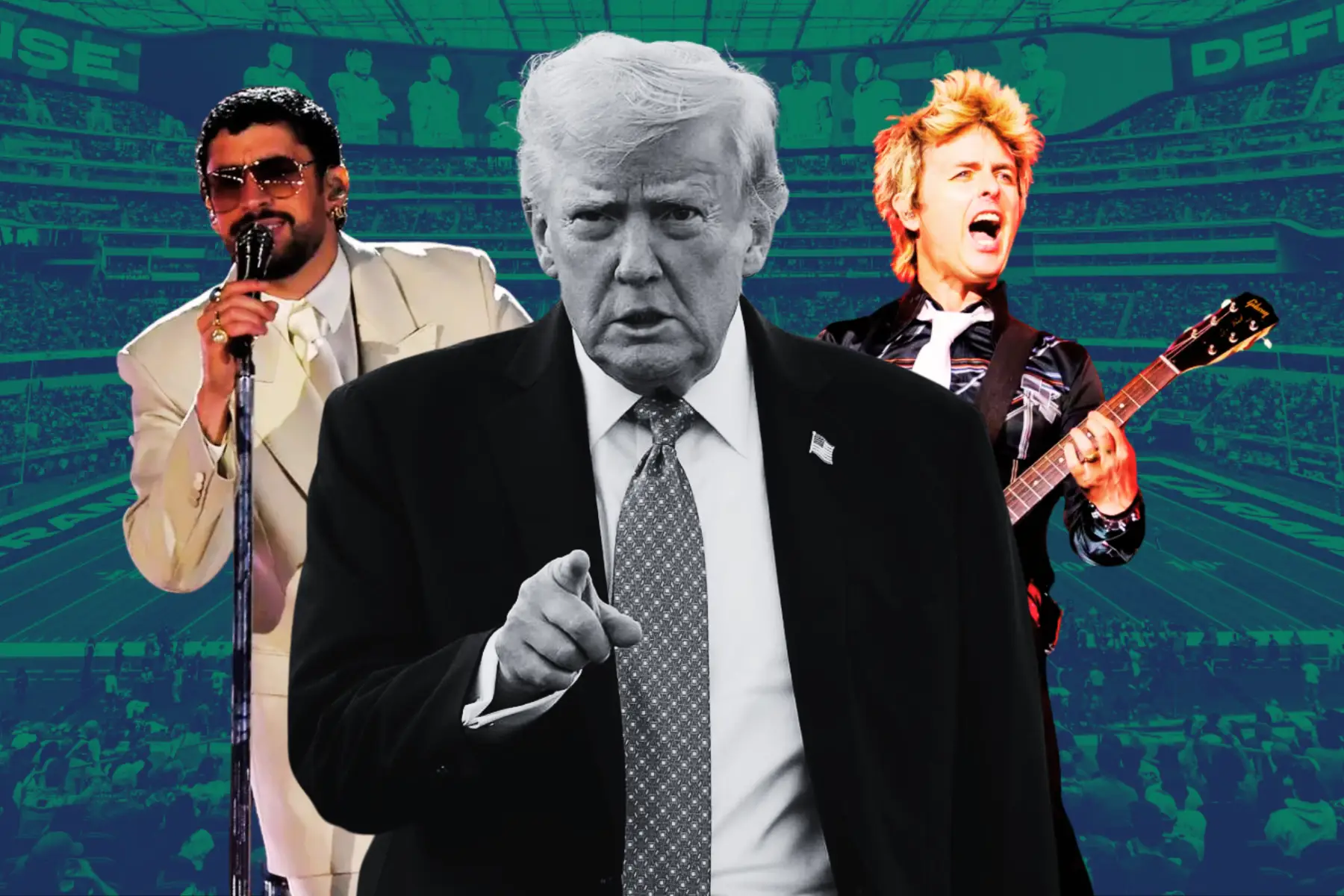 Donald Trump con Bad Bunny y Billie Joe Armstrong