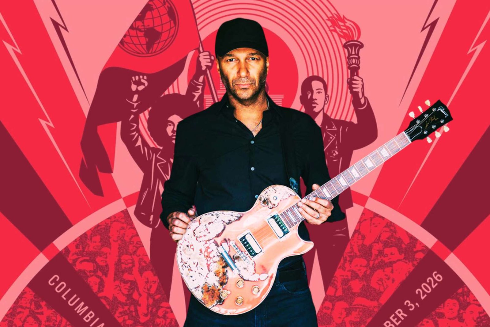 Tom Morello con el cartel del festival Power to the People