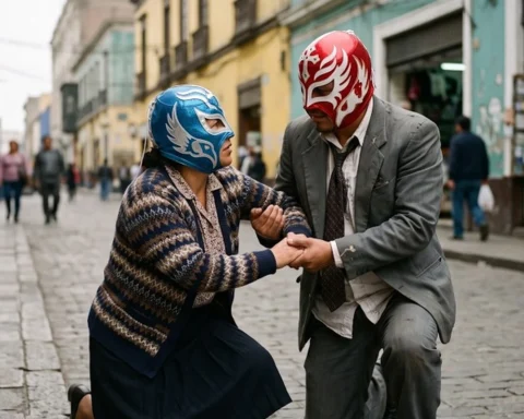 Dos personajes con máscaras de lucha libre en el Centro de Lima, escena del videoclip de Loop Mysterio