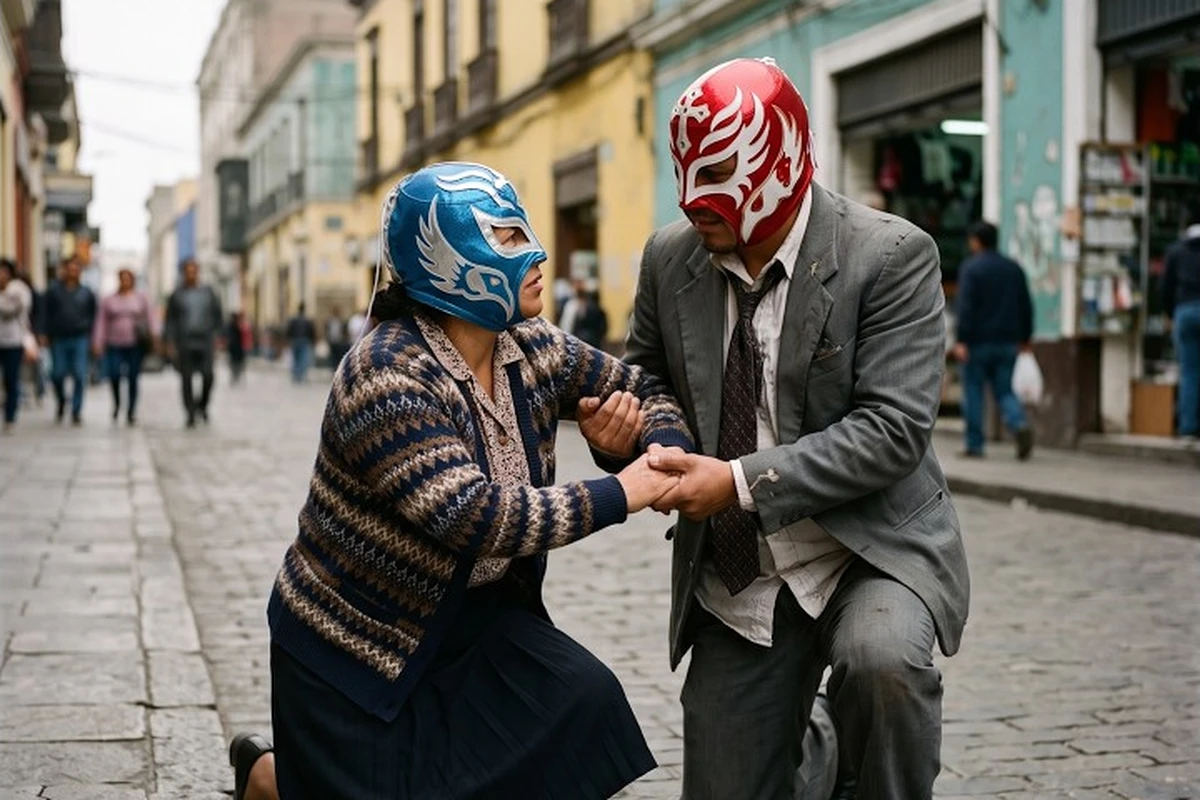 Dos personajes con máscaras de lucha libre en el Centro de Lima, escena del videoclip de Loop Mysterio
