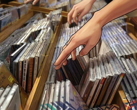 Personas observan discos compactos en una tienda de música, Nueva York, 2004