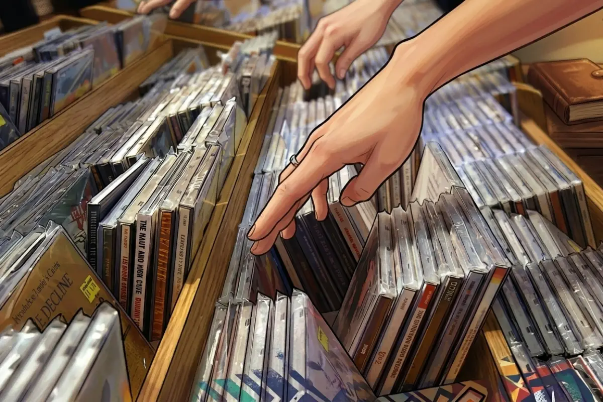 Personas observan discos compactos en una tienda de música, Nueva York, 2004