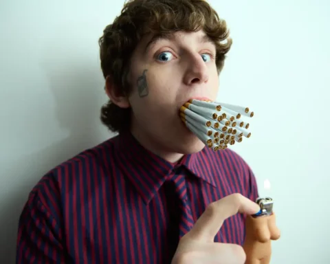 Dillom con cigarrillos en la boca