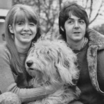 Paul McCartney con su novia Jane Asher y su perro Old English Sheepdog Martha fuera del Golden Gates Hotel en Glasgow, Escocia, 11 de diciembre de 1967