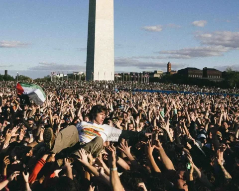 Un asistente sobre la multitud frente al Monumento a Washington durante el concierto benéfico de Turnstile